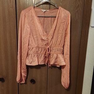 BCBGeneration Tie Front Long Sleeve Top Watermelon Pink Pastel Puffed Size L